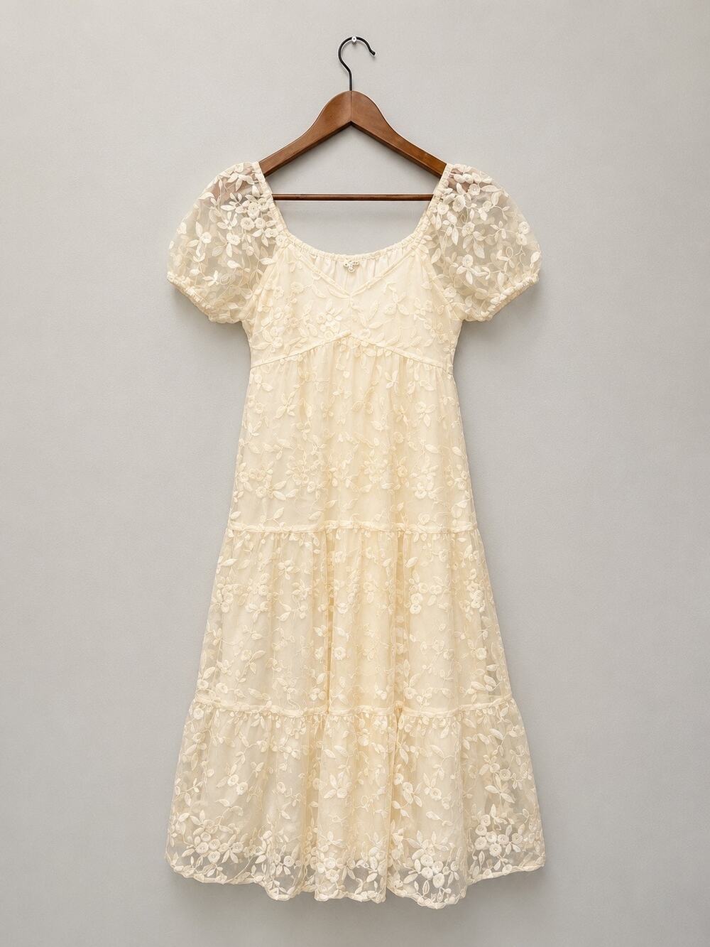 Womens Ivory Floral Embroidered Maxi Dress Sheer Puff Sleeve Cottagecore Sz M